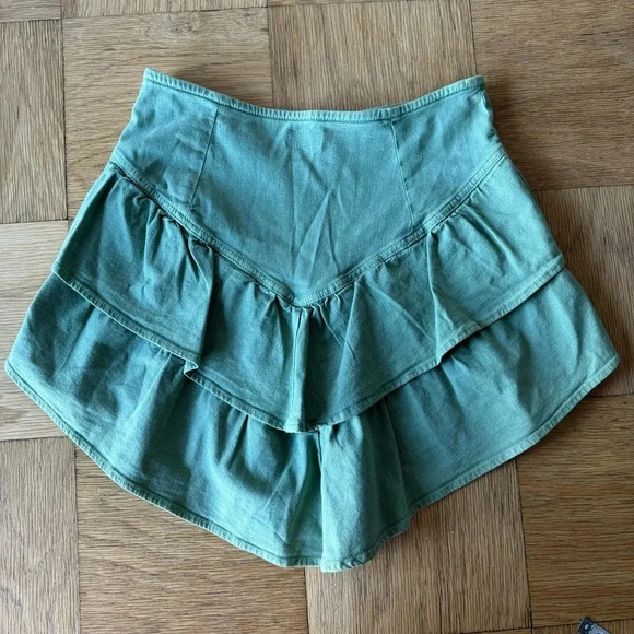 Mother The Ruffle Mini Skirt Size 30 Loden Frost Green Denim Tiered Side Zip - Picture 3 of 11